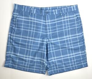 Crane Golf Shorts Mens Large Blue White Plaid Flat Front Quick Dry